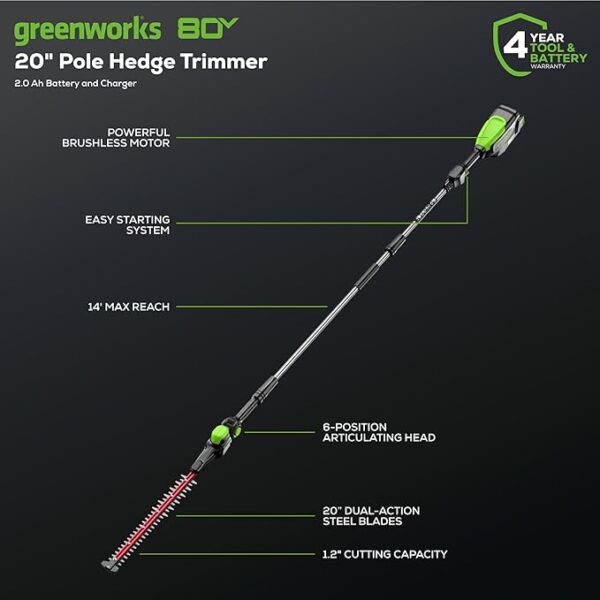 Greenworks Pro 80V 20" Cordless Pole Hedge Trimmer - Image 4