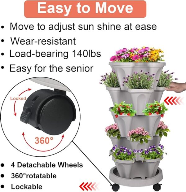 Vertical Planter 5 Tier Stackable Planters Garden Planters Strawberry Herb Flower and Vegetable Planter Indoor Outdoor Gardening Pots with Removable Wheels and Tools - Image 5