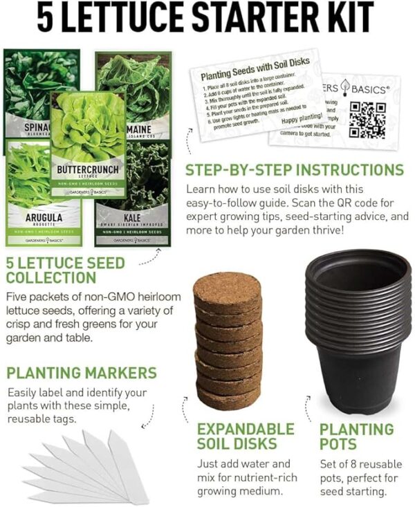 Beginner Indoor Garden Lettuce Kit - Includes Romaine, Buttercrunch Lettuces, Spinach, Arugula, and Kale Heirloom Seeds, Pots, Soils and Plant Markers - Complete Indoor Vegetable Garden Starter Kit - Image 2