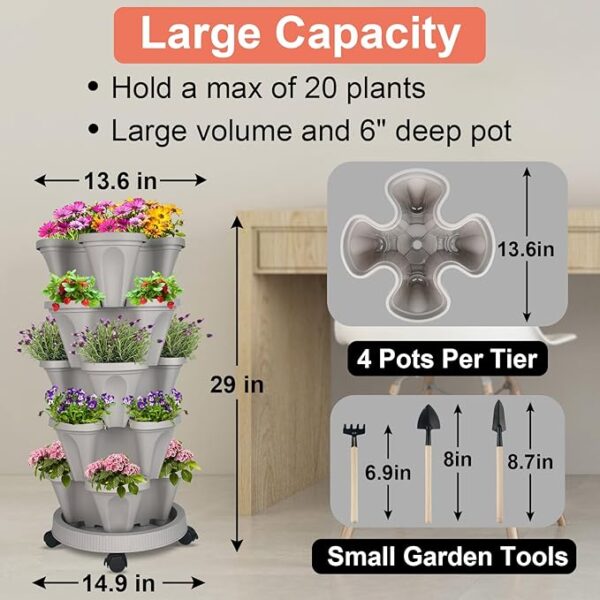 Vertical Planter 5 Tier Stackable Planters Garden Planters Strawberry Herb Flower and Vegetable Planter Indoor Outdoor Gardening Pots with Removable Wheels and Tools - Image 4