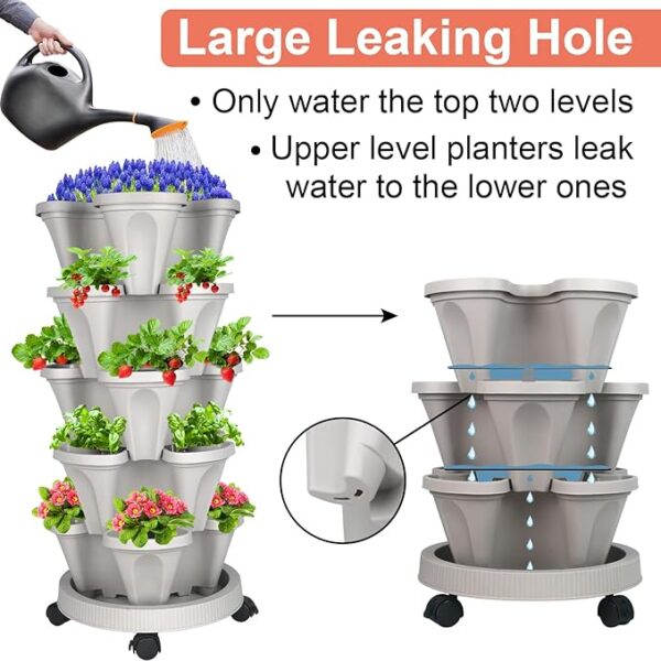 Vertical Planter 5 Tier Stackable Planters Garden Planters Strawberry Herb Flower and Vegetable Planter Indoor Outdoor Gardening Pots with Removable Wheels and Tools - Image 3