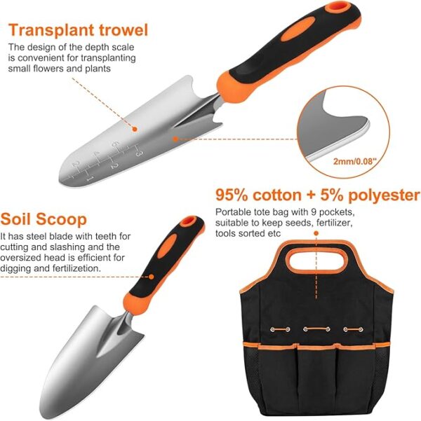 Gardening Tool Set, CHRYZTAL Stainless Steel Heavy Duty Gardening Tool Set, with Non-Slip Rubber Grip, Storage Tote Bag, Outdoor Hand Tools, Ideal Gardening Gifts for Women - Image 4