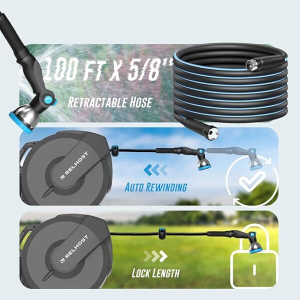 Retractable Garden Hose Reel 100 ft x 5/8 in, Heavy Duty Hose Reel Wall Mount with Any Length Lock, Auto Rewind System, 180° Swivel Bracket, 10-Pattern Garden Hose Nozzle, Dark Grey - Image 5
