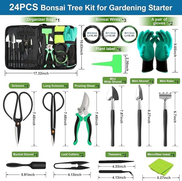 Bonsai Tools Kit- 24 PCS Bonsai Tree Kit Tools for Beginners, Bonsai Tool Set Bonsai Starter Trimming Care Kit Include Pruning Shears, Scissors, PU Leather Bag, Bonsai Pruning Kit for Women & Men - Image 5