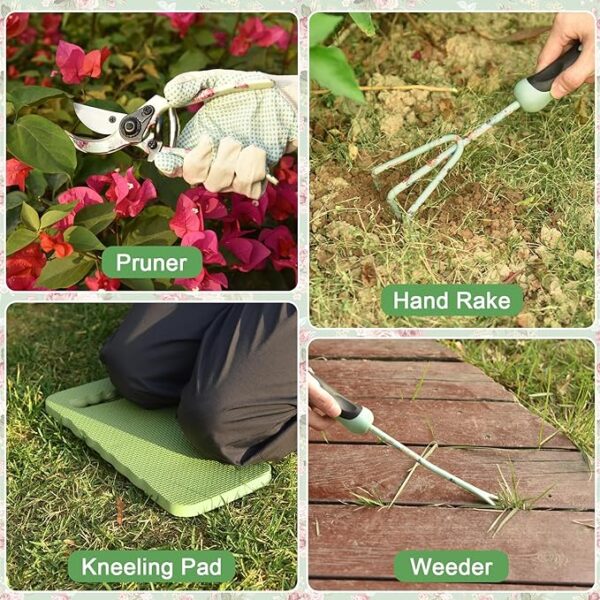 Gardening Tools, WisaKey 10 Piece Heavy Duty Green Garden Tools Set with on-Slip Ergonomic Handle, Durable Fashion Garden Tool Organizer HandBag,Ideal Gardening Hand Tools, Gardening Gifts for Women - Image 4