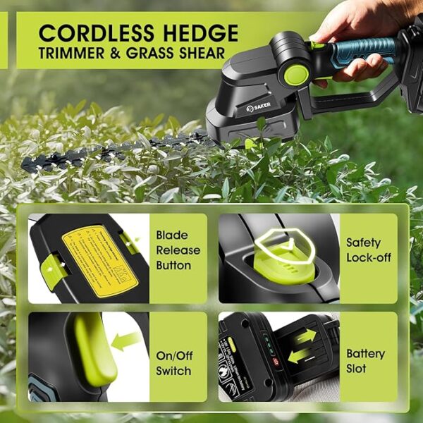 Saker Cordless Hedge Trimmer-20V Electric Shrub Trimmer Grass Shears Handheld Grass Cutter, Hedge Shear with 2 PCS Rechargeable Battery and Charger for Garden, Lawn - Image 2