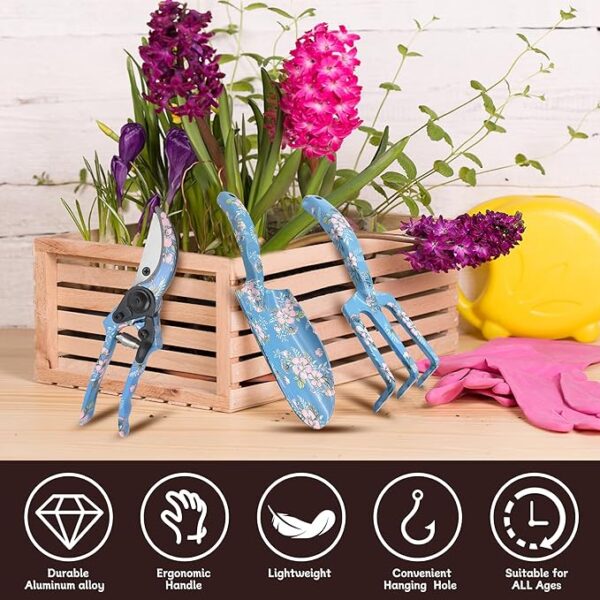 3piece Printed Garden Tool Set, Heavy Duty Aluminum Gardening Tool Kits Including Hand Rake, Pruning Shear and Trowel for Indoor & Outdoor Use, Ergonomic Handle, Perfect Gardening Gift - Image 4