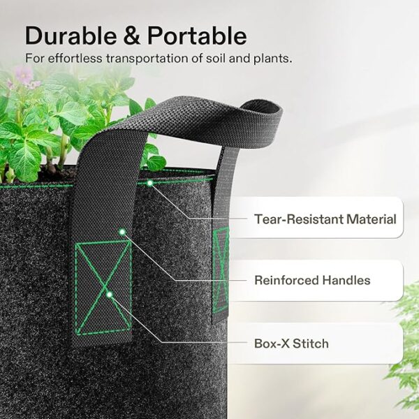 VIVOSUN 5-Pack 5 Gallon Grow Bags Heavy Duty 300G Thickened Nonwoven Plant Fabric Pots with Handles - Image 4