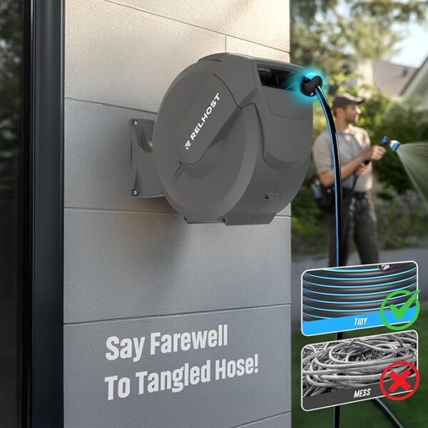 Retractable Garden Hose Reel 100 ft x 5/8 in, Heavy Duty Hose Reel Wall Mount with Any Length Lock, Auto Rewind System, 180° Swivel Bracket, 10-Pattern Garden Hose Nozzle, Dark Grey - Image 4