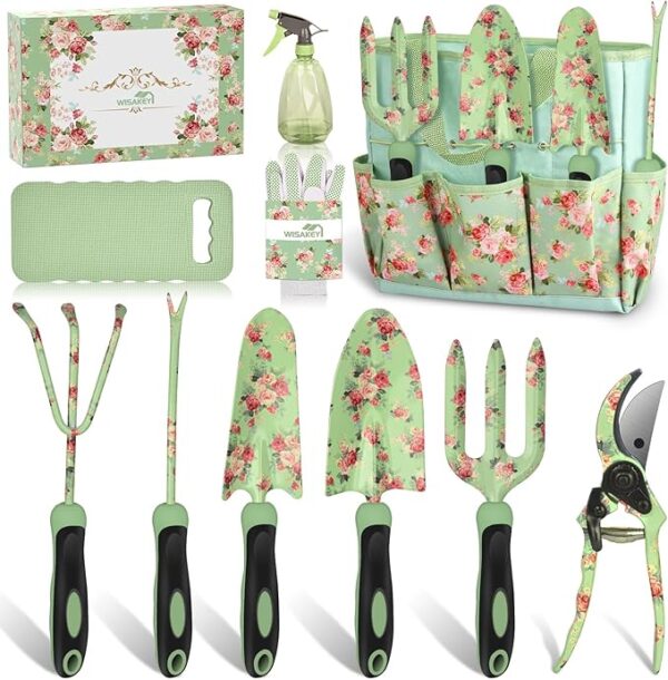Gardening Tools, WisaKey 10 Piece Heavy Duty Green Garden Tools Set with on-Slip Ergonomic Handle, Durable Fashion Garden Tool Organizer HandBag,Ideal Gardening Hand Tools, Gardening Gifts for Women