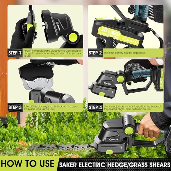 Saker Cordless Hedge Trimmer-20V Electric Shrub Trimmer Grass Shears Handheld Grass Cutter, Hedge Shear with 2 PCS Rechargeable Battery and Charger for Garden, Lawn - Image 6