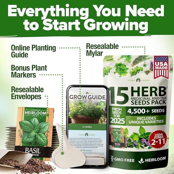 HOME GROWN 15 Culinary Herb Seeds 4,500+ Heirloom 𝗡𝗢𝗡-𝗚𝗠𝗢, 𝗨𝗦𝗔-𝗦𝗢𝗨𝗥𝗖𝗘𝗗 High Germination Rate, for Planting Indoor Hydroponic Outdoor, Gardening Gifts for Women Men, Mothers Day Gifts - Image 4