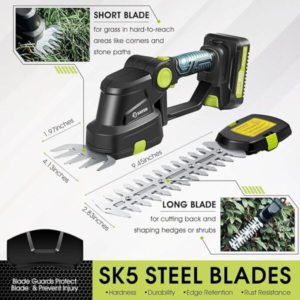 Saker Cordless Hedge Trimmer-20V Electric Shrub Trimmer Grass Shears Handheld Grass Cutter, Hedge Shear with 2 PCS Rechargeable Battery and Charger for Garden, Lawn - Image 3
