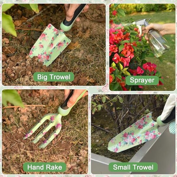 Gardening Tools, WisaKey 10 Piece Heavy Duty Green Garden Tools Set with on-Slip Ergonomic Handle, Durable Fashion Garden Tool Organizer HandBag,Ideal Gardening Hand Tools, Gardening Gifts for Women - Image 3
