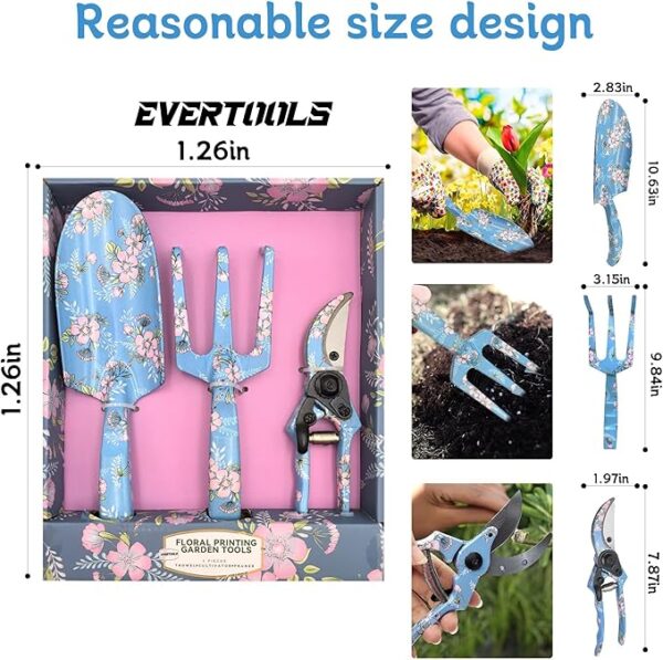 3piece Printed Garden Tool Set, Heavy Duty Aluminum Gardening Tool Kits Including Hand Rake, Pruning Shear and Trowel for Indoor & Outdoor Use, Ergonomic Handle, Perfect Gardening Gift - Image 5