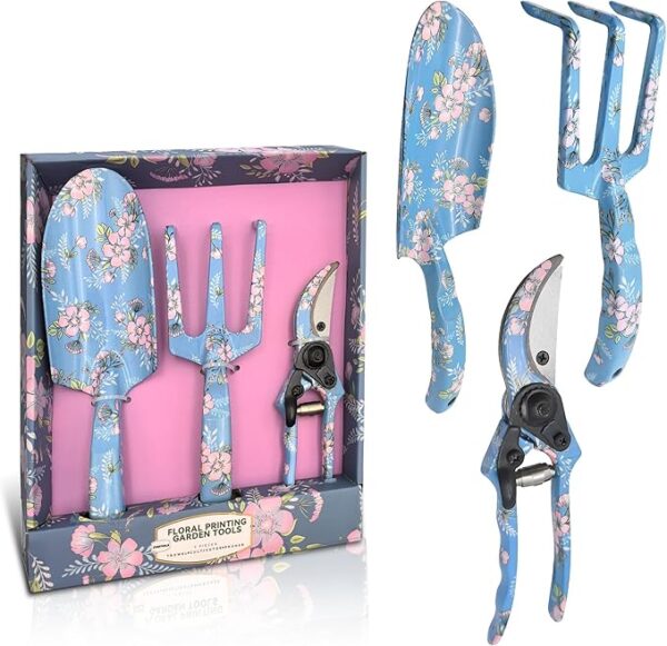 3piece Printed Garden Tool Set, Heavy Duty Aluminum Gardening Tool Kits Including Hand Rake, Pruning Shear and Trowel for Indoor & Outdoor Use, Ergonomic Handle, Perfect Gardening Gift