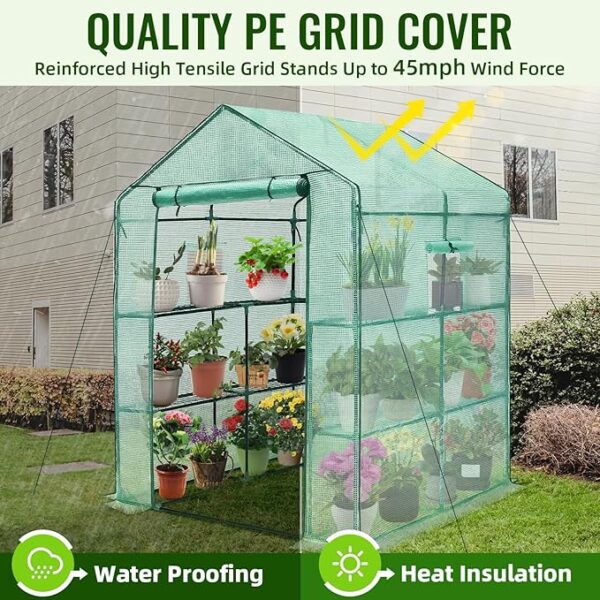 Greengro Greenhouse, 57 x 57 x 76'' Greenhouses for Outdoors, Durable Green House Kit with Window, Thicken PE Cover, 3 Tiers 8 Shelves, Heavy Duty Walk in Green Houses for Indoor Backyard Outside - Image 5