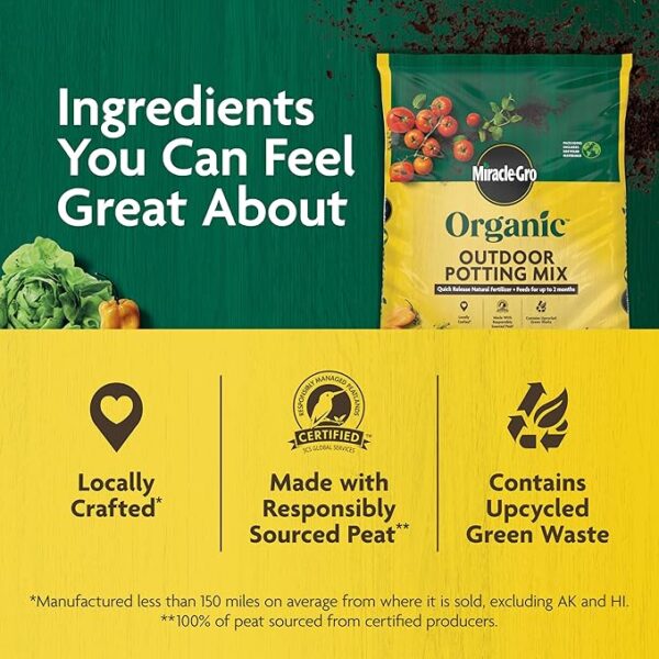 Miracle-Gro Organic Outdoor Potting Mix, for Outdoor Container Plants, Contains Quick-Release Natural Fertilizer, OMRI Listed, 16 qt. - Image 4