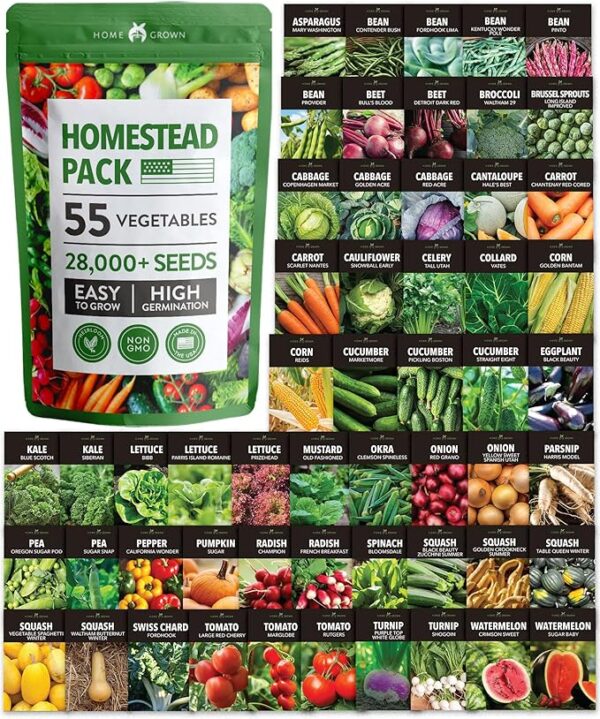 HOME GROWN 55 Vegetable Seeds Pack – 28,000+ 𝗨𝗦𝗔 Heirloom 𝗡𝗢𝗡-𝗚𝗠𝗢 Seeds for Planting – Spring, Fall, Winter Garden Kit – Survival Seed Vault for Preppers & Gardeners – Gift for Men & Women