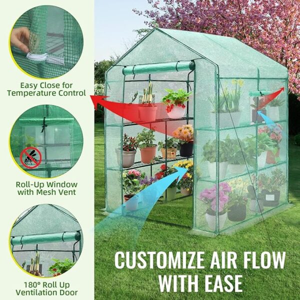 Greengro Greenhouse, 57 x 57 x 76'' Greenhouses for Outdoors, Durable Green House Kit with Window, Thicken PE Cover, 3 Tiers 8 Shelves, Heavy Duty Walk in Green Houses for Indoor Backyard Outside - Image 2