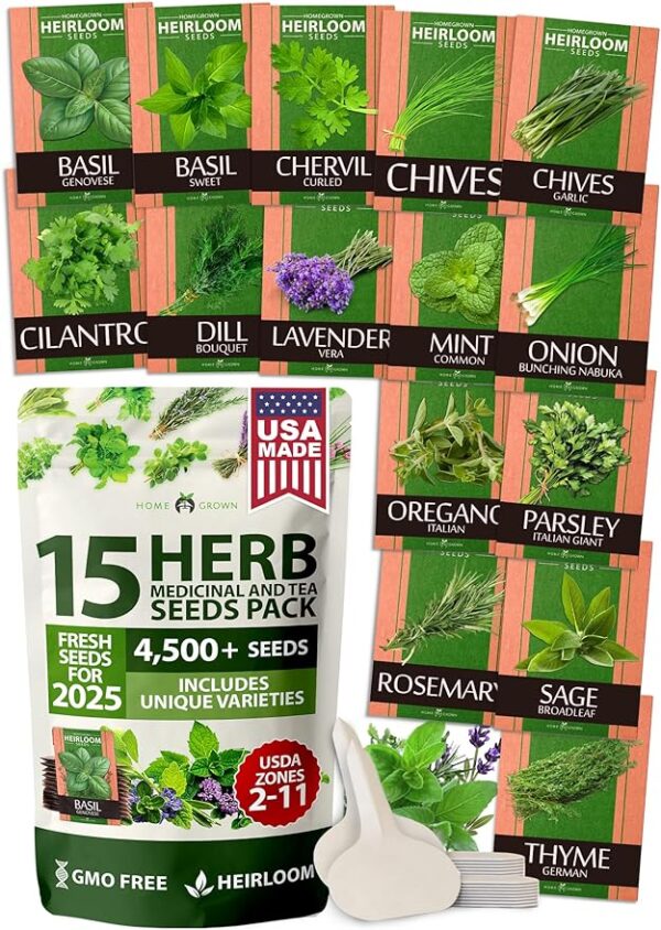 HOME GROWN 15 Culinary Herb Seeds 4,500+ Heirloom 𝗡𝗢𝗡-𝗚𝗠𝗢, 𝗨𝗦𝗔-𝗦𝗢𝗨𝗥𝗖𝗘𝗗 High Germination Rate, for Planting Indoor Hydroponic Outdoor, Gardening Gifts for Women Men, Mothers Day Gifts