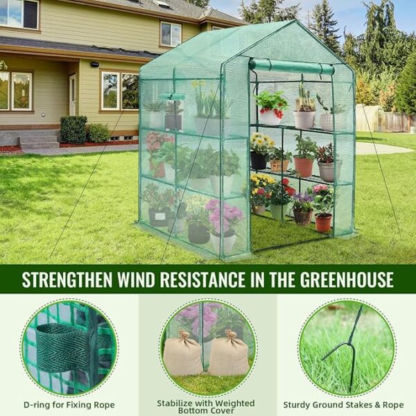 Greengro Greenhouse, 57 x 57 x 76'' Greenhouses for Outdoors, Durable Green House Kit with Window, Thicken PE Cover, 3 Tiers 8 Shelves, Heavy Duty Walk in Green Houses for Indoor Backyard Outside - Image 4